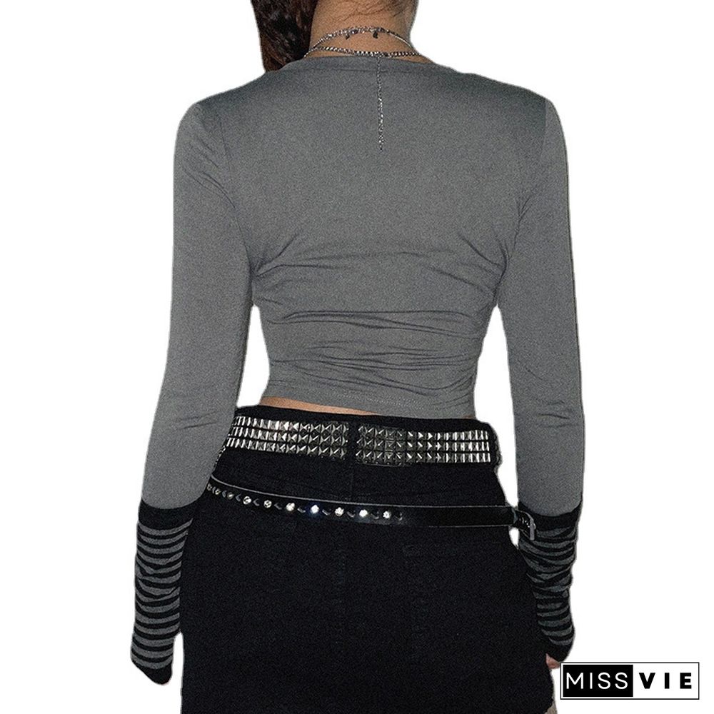 Retro Printed Rhinestone Long Sleeve Crop Navel T-Shirt