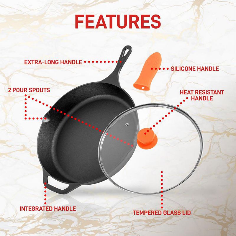 NutriChef 12 Pre Seasoned Nonstick Cast Iron Frying Pan w/ Lid and Handle Cover