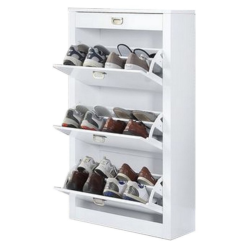 Shoe Cabinet with 3 Drop Down Storage and Wooden Frame， White