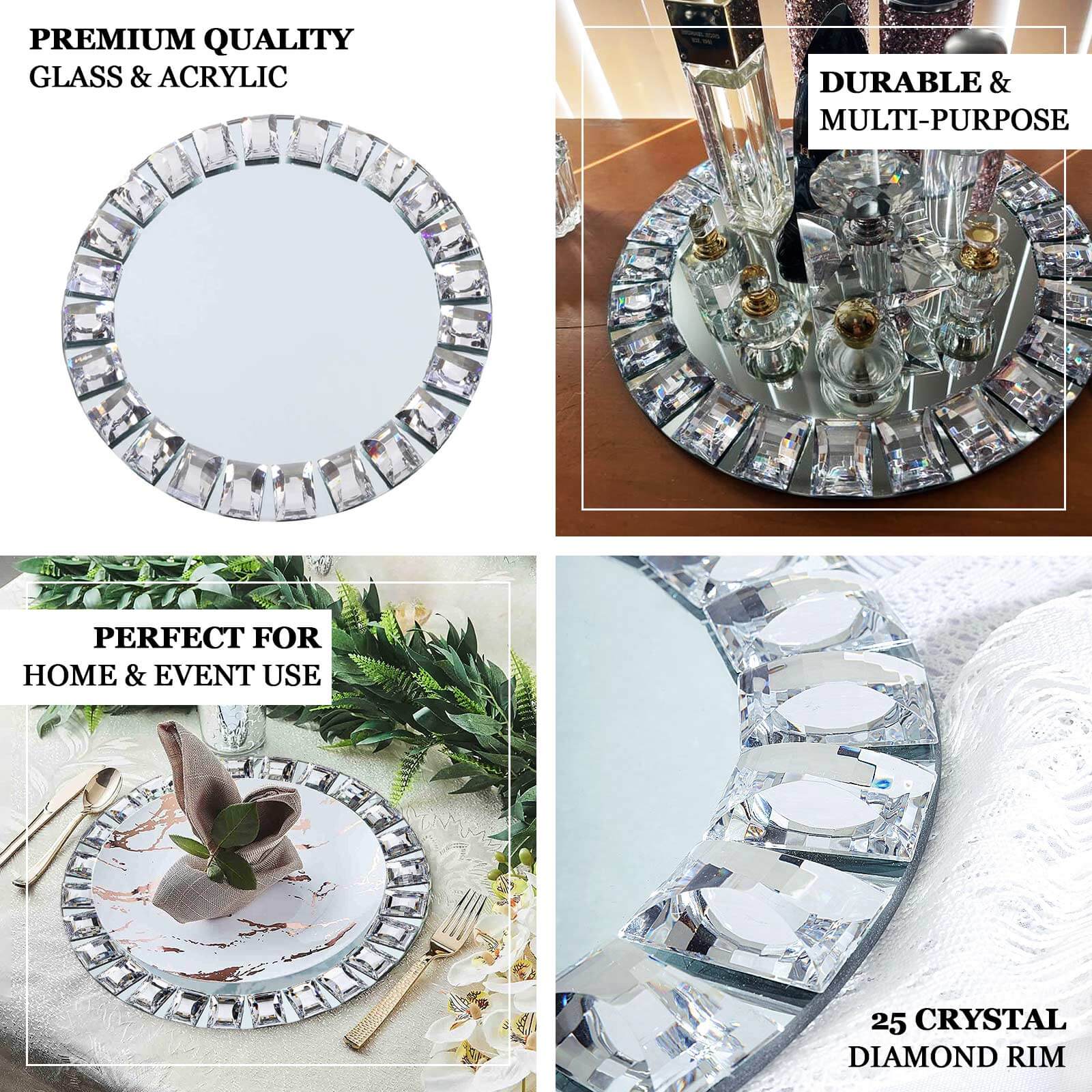 2 Pack Silver Jeweled Rim Premium Glass Mirror Charger Plates 13