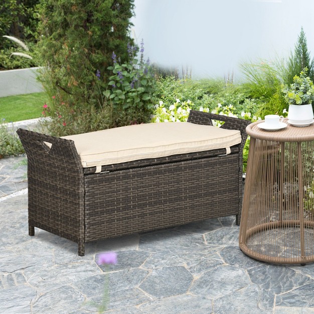 Outsunny Outdoor Pe Rattan Two in one Storage Bench Patio Wicker Large Capacity Footstool Rectangle Basket Box W Handles amp Cushion