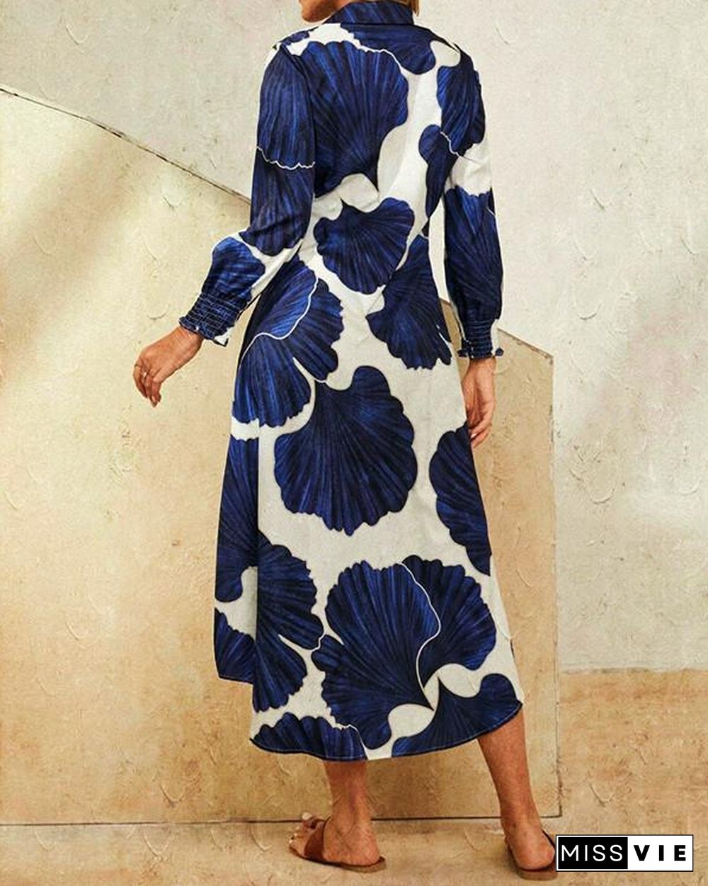 Leaves Print Lapel Button Long Sleeve Maxi Shirt Dress