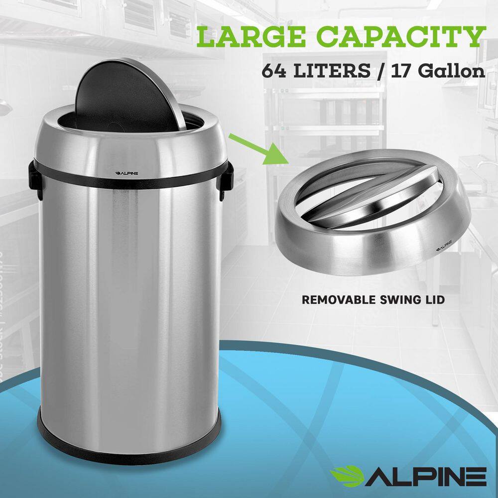 Alpine Industries 17 Gal. Stainless Steel Commercial Trash Can with Swing Lid (2-Pack) 470-65L-1-2PK