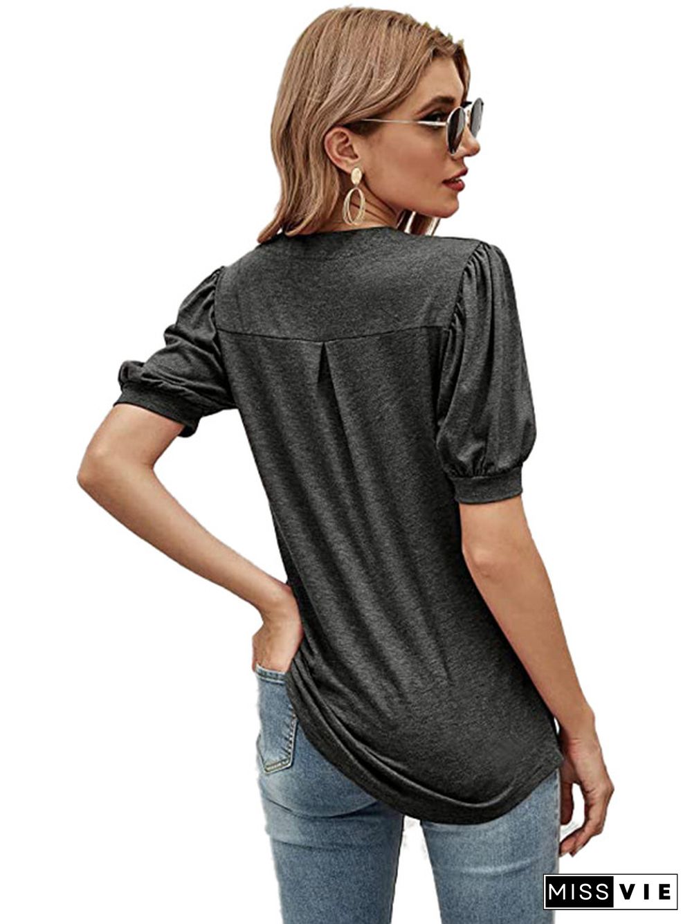 Simple Solid Color V-Neck Puff Sleeves T-Shirt Top