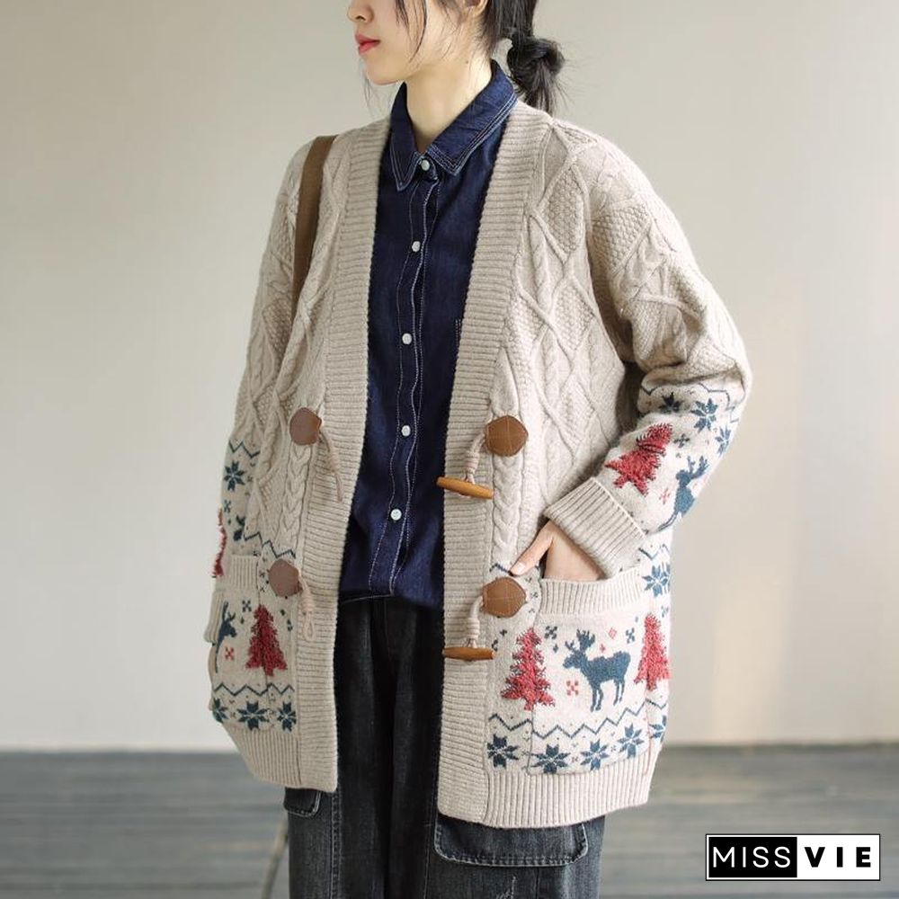 For Work Spring knit sweat tops trendy plus size Beige Deer Print knitted cardigans