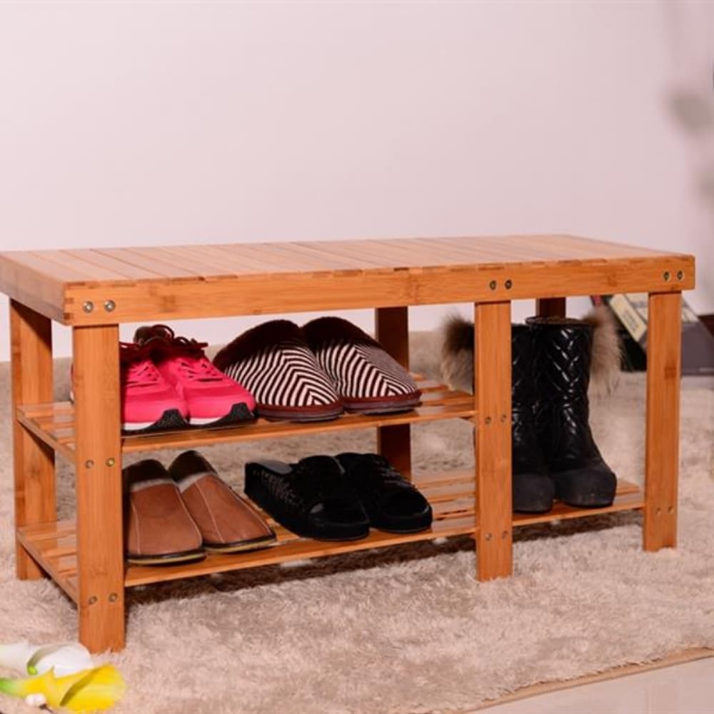 90cm Strip Pattern Tiers Bamboo Stool Shoe Rack with Boots Compartment Wood Color   35.43 x 11.02 x 17.72