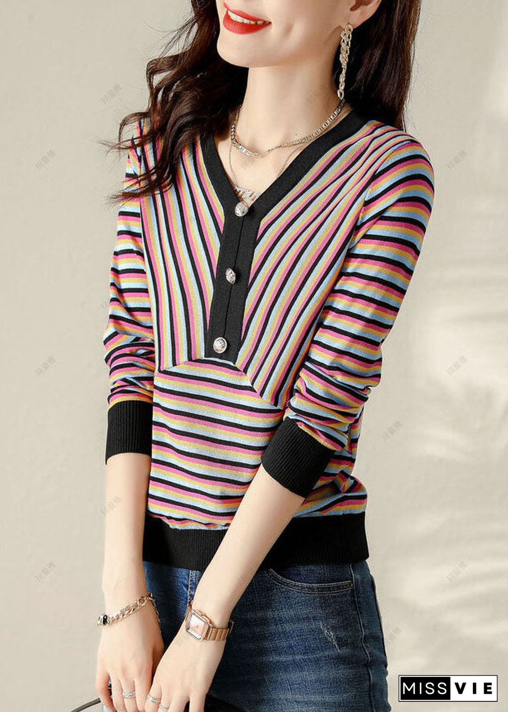 Plus Size V Neck Striped Patchwork Shirt Spring