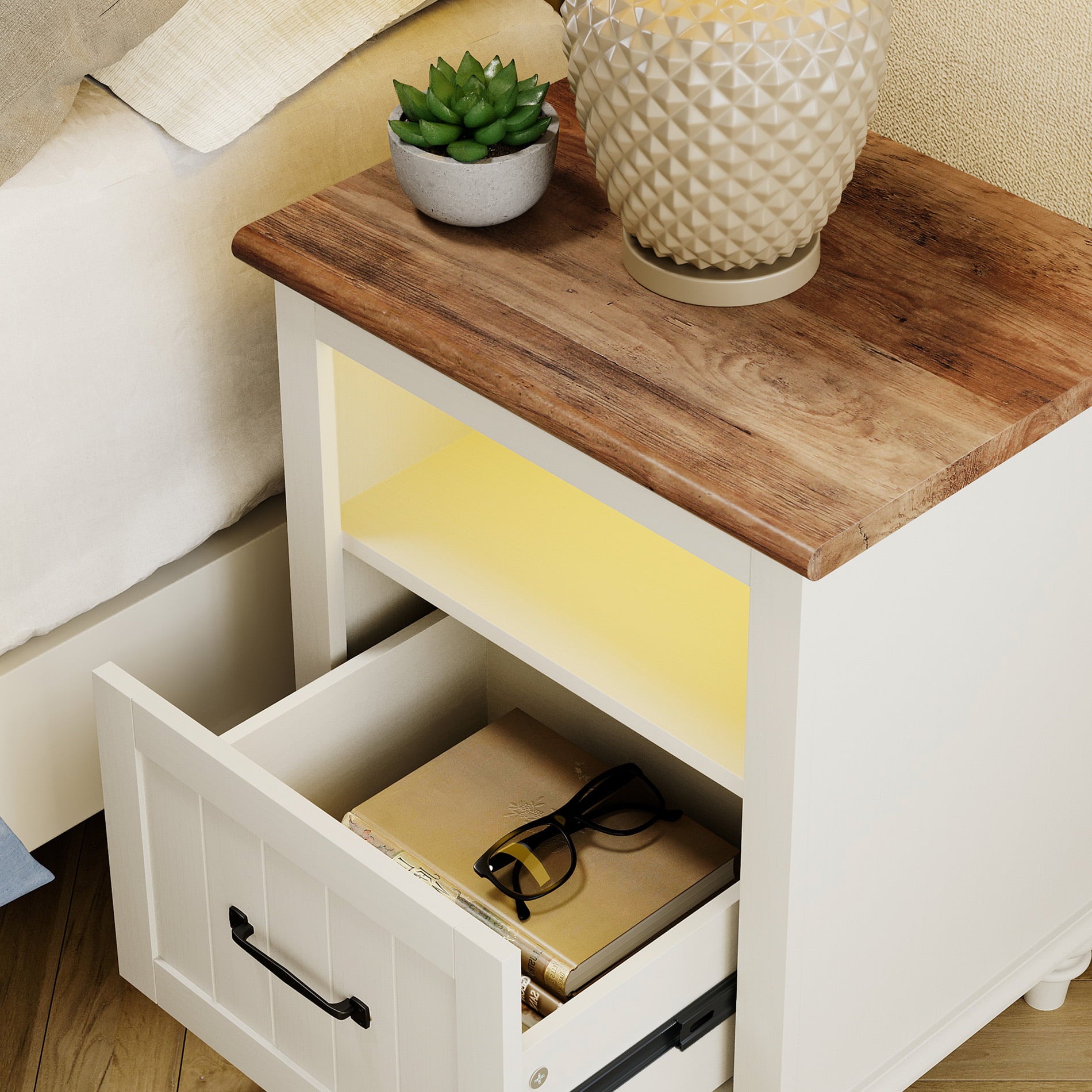 Modern LED Nightstand with Big Drawer and Open Storage,White Wood End Side Table for Bedroom Living Room