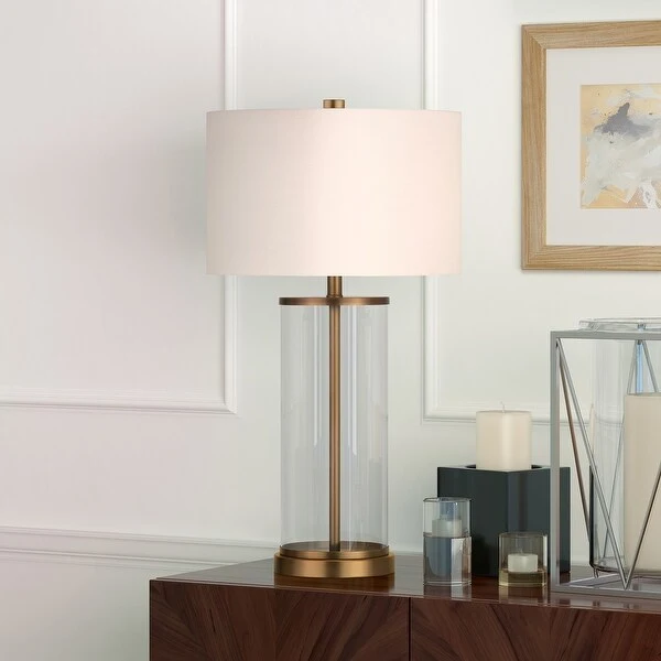 Reeves Cylindrical Clear Glass and Antique Brass Table Lamp with Linen Shade