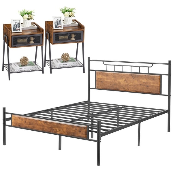 Industrial 3 piece Queen Bedroom Set Bed Frame and Nightstand set of 2， Vintage Brown - - 36583879