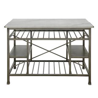 Benjara 36 in. H Gray and White Marble Top Metal Kitchen Island with 2-Slated Shelves BM214991