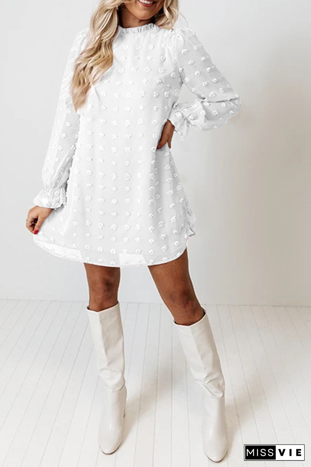 Sweet Chiffon Jacquard Bubble Long Sleeves Mini Dress Wholesale