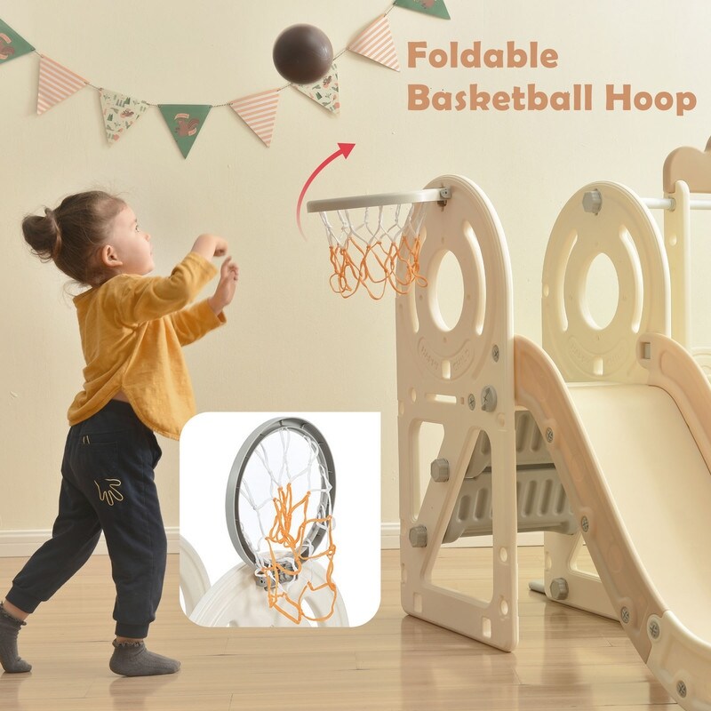 5 in 1 Freestanding Swing Slide Bus Structure Toy for Toddlers  with Basketball Hoop and Toy Storage Space for Outdoor