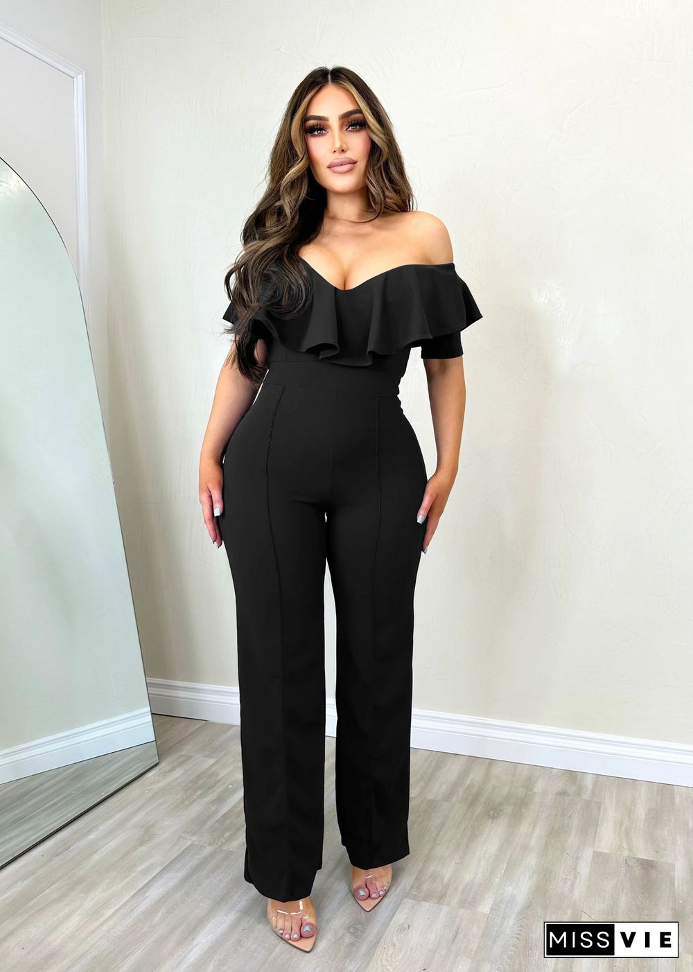 Elegant Solid Ruffle Slash Neck One Piece Jumpsuit