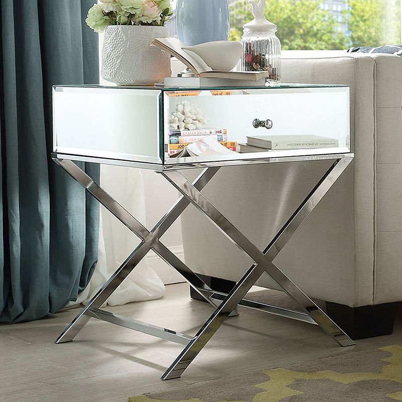 HomeVance Eleos Mirrored Silver Tone Campaign Accent Table