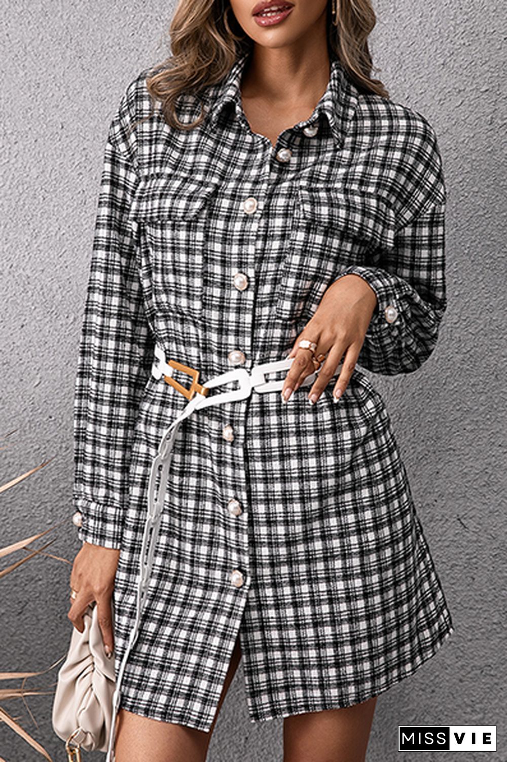 Fashion Casual Plaid Pocket Buckle Shirt Dress Dresses (Without Belt)