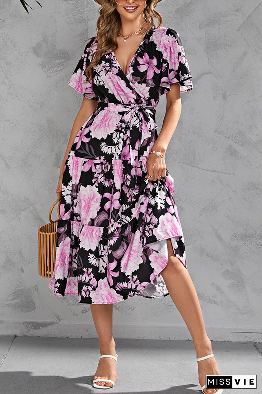 Wrap V Neck Tiered Midi Floral Dress