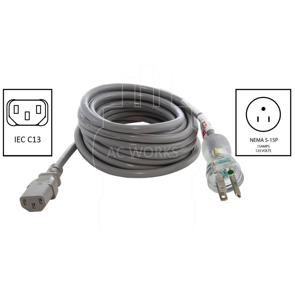 AC WORKS 15 ft. 10 Amp 183 Medical Grade Power Cord with C13 Connector MD10AC13-180