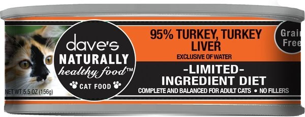 Dave's Pet Food Naturally Healthy 95% Turkey and Turkey Liver Canned Cat Food， 5.5-oz， case of 24