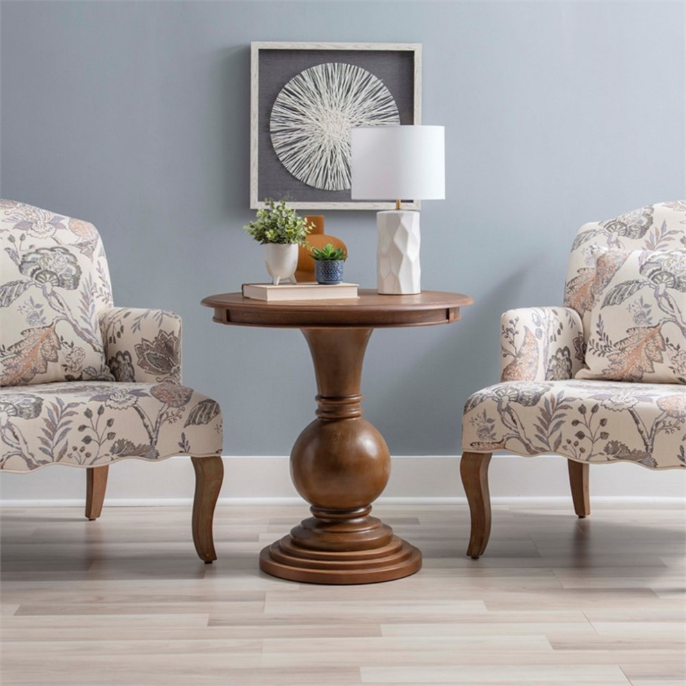 Bowery Hill Round Wood Accent Pedestal Table With Stepped Base in Natural   Traditional   Side Tables And End Tables   by Homesquare  Houzz