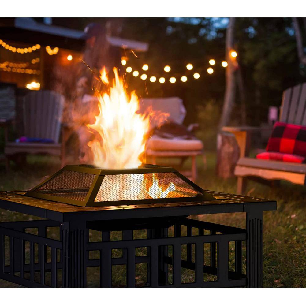 Tozey 32 in. Outdoor Steel Square Fire Pits Patio Multi-Functional Firepit Table with Waterproof Cover for Outside Heating T-FP21SQ320