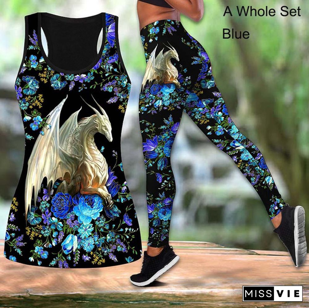 1pc Vest/1pc Pant/2pcs Vest+Pant Dragon Mandala Art 3D Over Printed Leggings + Hollow Tank Top Combo Women Yoga Pants Casual Sports High Waist Gym Fitness Slim Pants Plus Size XS-8XL