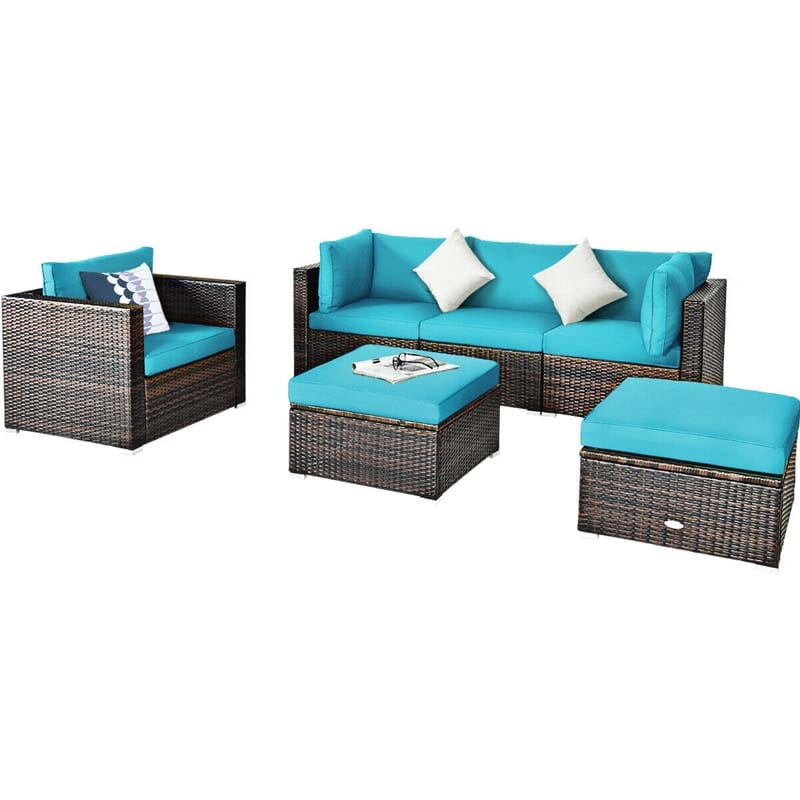 6 Pcs Patio Rattan Sectional Furniture Set Outdoor Conversation Sofa Set with Cushions