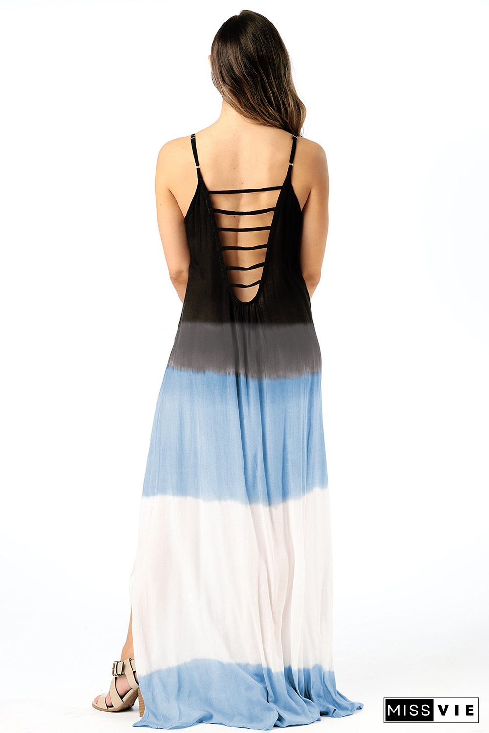 Sky Blue Spaghetti Strap Tie Dye Slit Maxi Dress