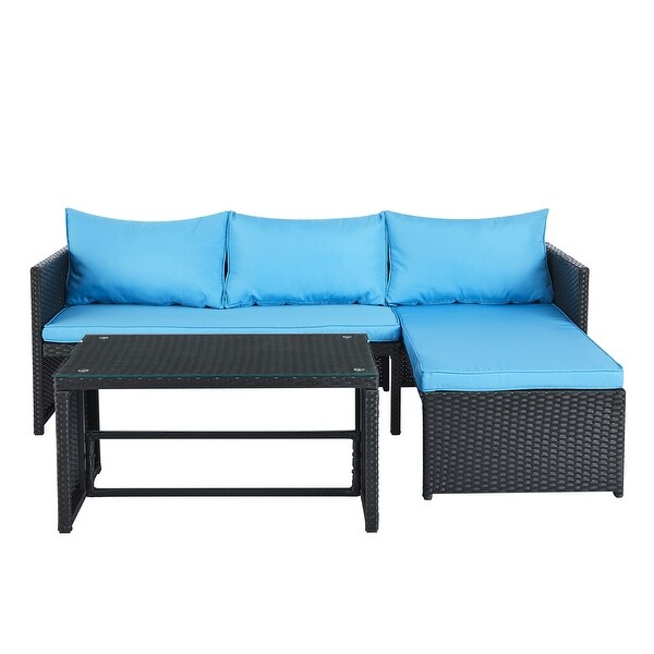 3 Pieces Patio Conversation Set，All Weather Outdoor PE Rattan Wicker Furniture Set with Cushions，Tempered Glass Coffee Table