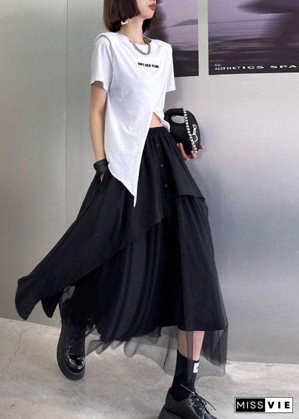 Streetwear Black elastic waist button Asymmetrical tulle Patchwork Skirts Spring