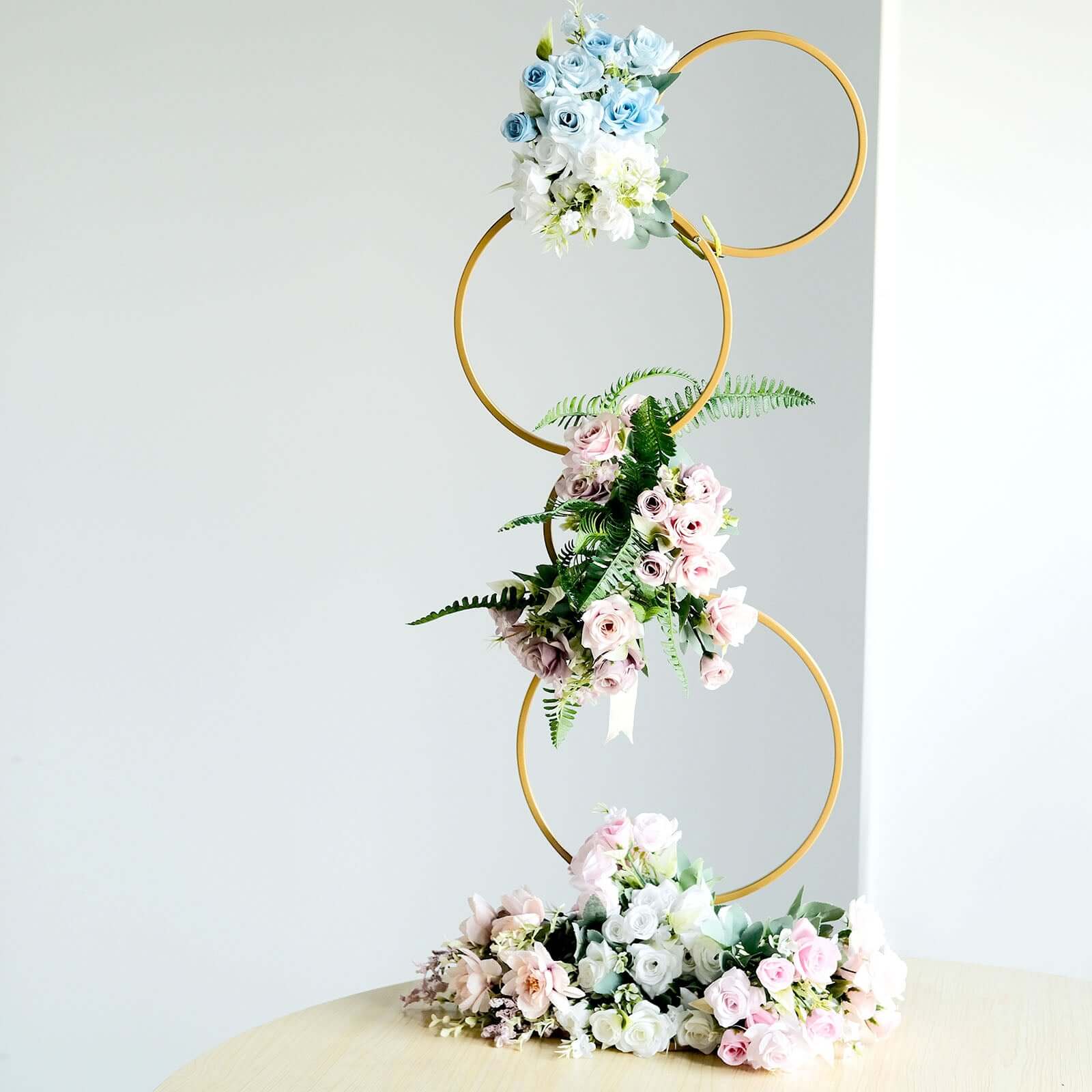 4-Tier Gold Metal Hoop Pillar Flower Stand, Wreath Wedding Arch Table Centerpiece 3ft