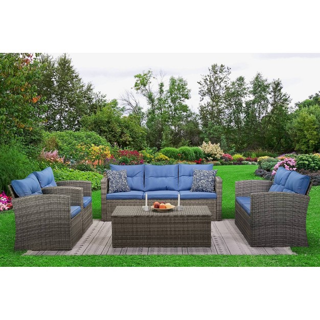 5pc Wicker Outdoor Conversation Set Weather resistant Rattan Frame Cushioned Seating Edyo Living