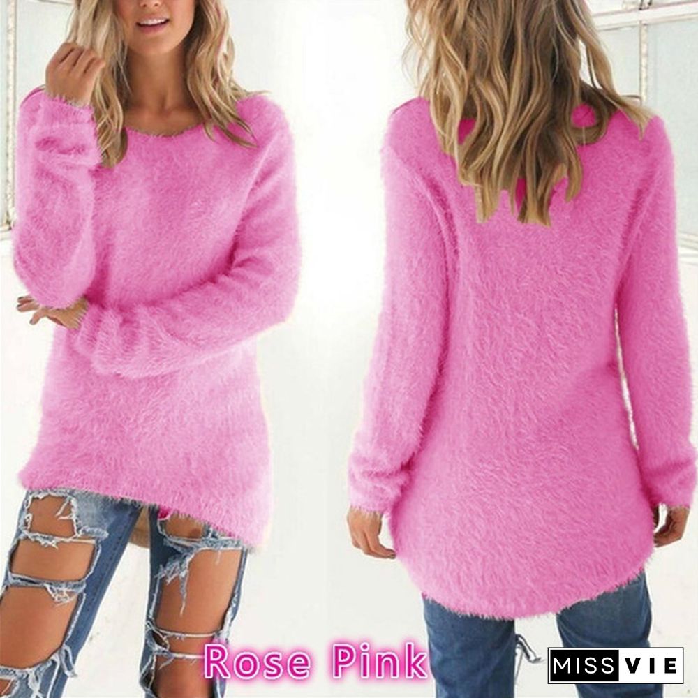 New Autumn and Winter Solid Color Warm Pullover Tops Women Long Sleeve Knitted Sweaters Plus Size