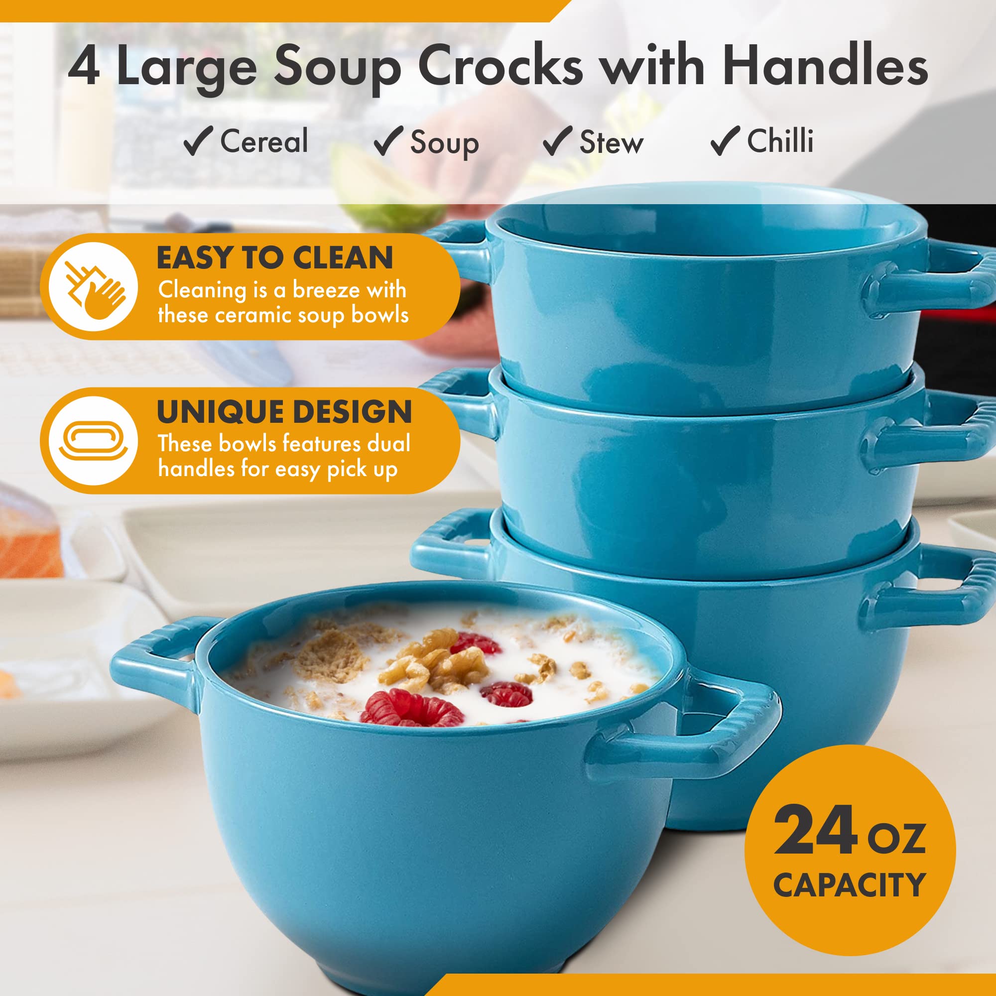 Set of 4 Large Soup Crocks with Handles for Cereal Bowl， Soup， Stew， Chilli， - Oven safe