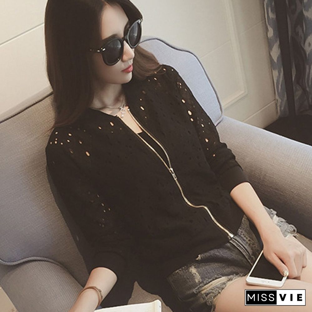 Women's Summer Thin Jacket White Lace Long Sleeve Sunscreen Women Clothing Hollow Out Breathable Bomber Jacket