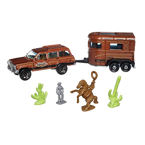 Matchbox Hitch & Haul Die-cast Vehicle Playset - Cowboy Rodeo Round-Up ~ 6 Piece Set ~ SUV Inspired by 1988 Wagoneer ~ Includes Horse Trailer, Cowboy on Horse, Cowboy Standing and Two Cacti