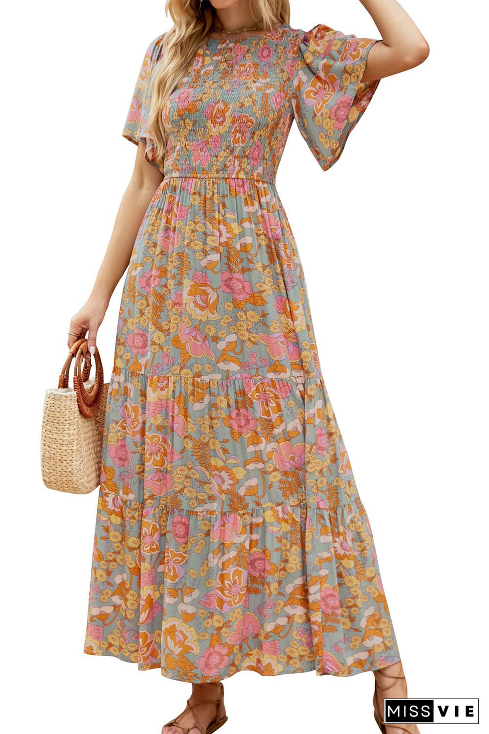 Brown Vintage Floral Smocked Bodice Flare Sleeve Tiered Long Dress