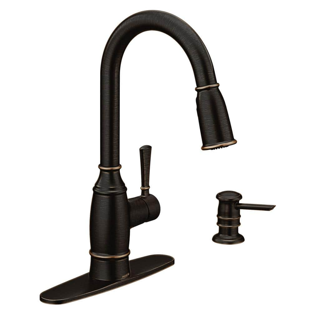 Moen Noell Single-Handle Pull-Down Sprayer Kitchen Faucet With Reflex， Soap Dispenser And Power Clean In Mediterranean Bronze