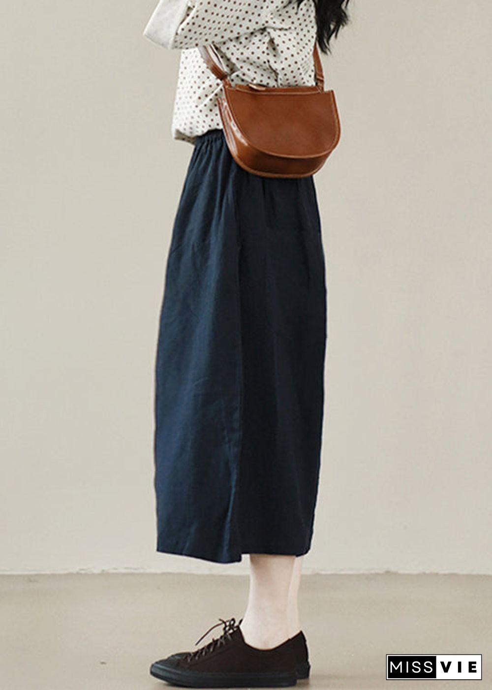 Classy Navy Pockets Linen Wide Leg Pants Summer