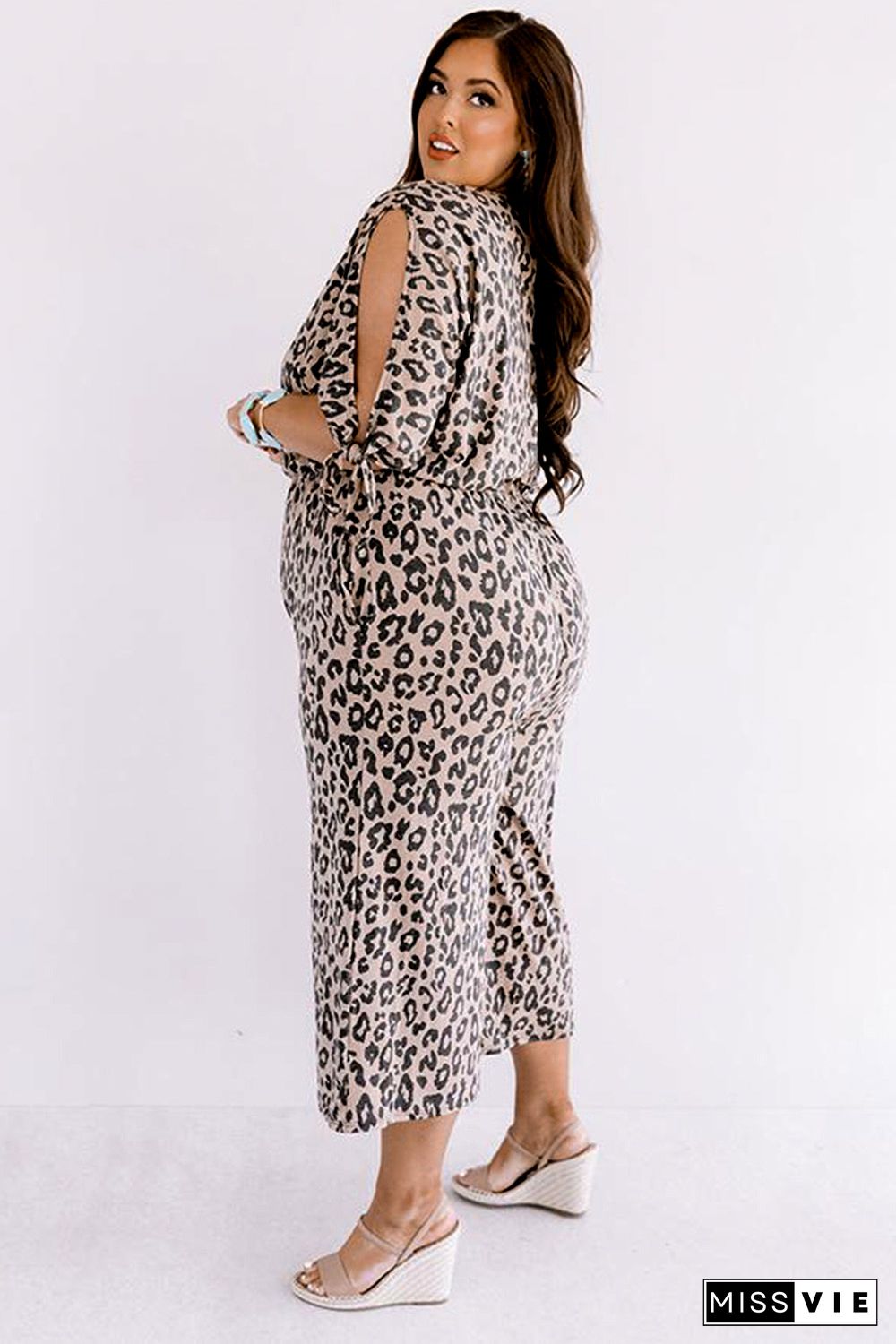 Leopard Print Cut-out Half Sleeve Plus Size Jumpsuit