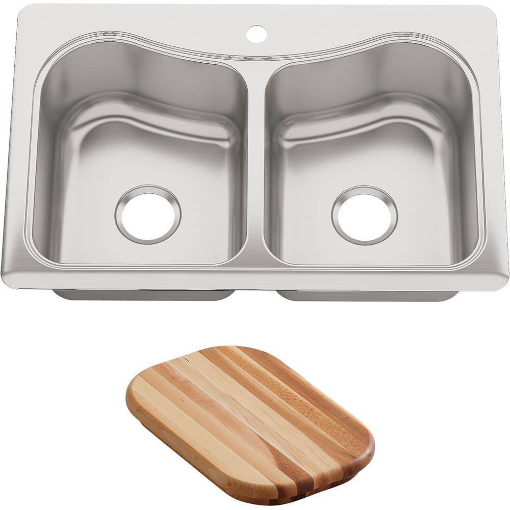 KOHLER Staccato Drop-In Stainless Steel 33 in. 1-Hole Double Bowl Kitchen Sink with Hardwood Cutting Board K-3369-1-NA