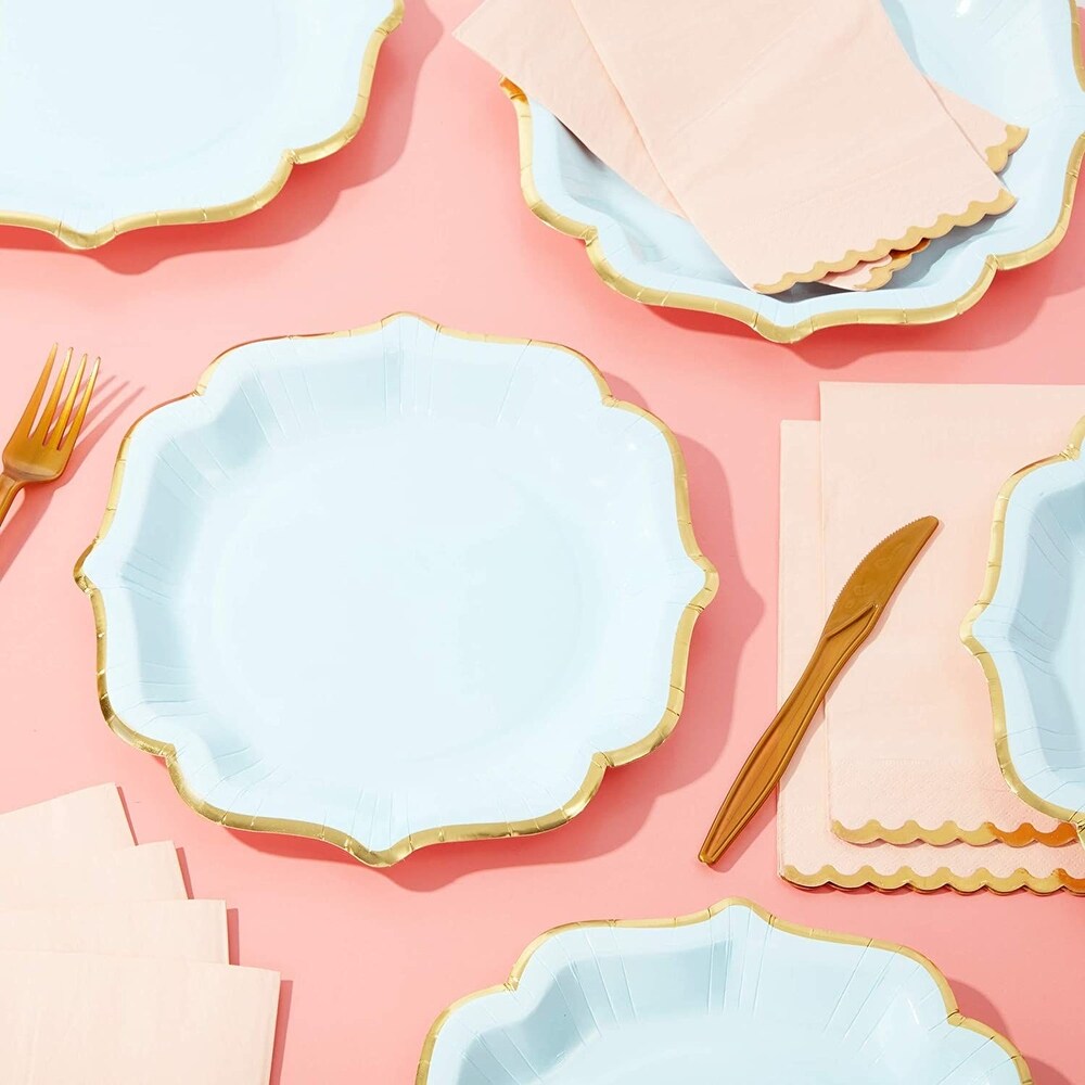 Light Blue Paper Party Plates with Gold Foil Scalloped Edging (9 In  48 Pack)