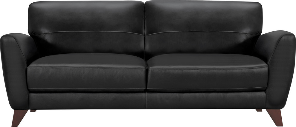 Jedd Contemporary Sofa  Genuine Black Leather With Brown Wood Legs   Midcentury   Sofas   by Homesquare  Houzz