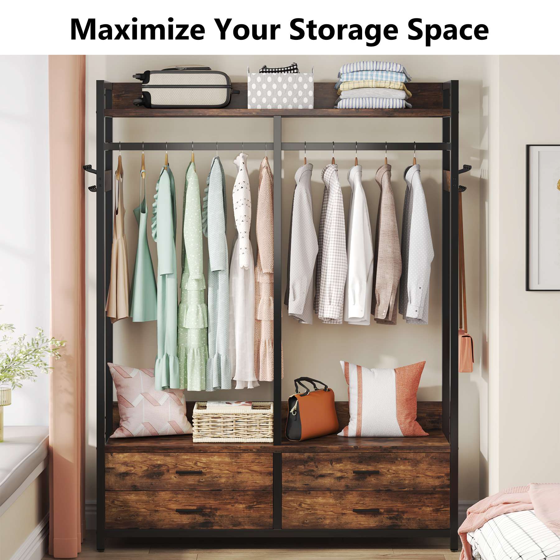 Freestanding Closet Organizer, Garment Rack with Drawers & Shelves