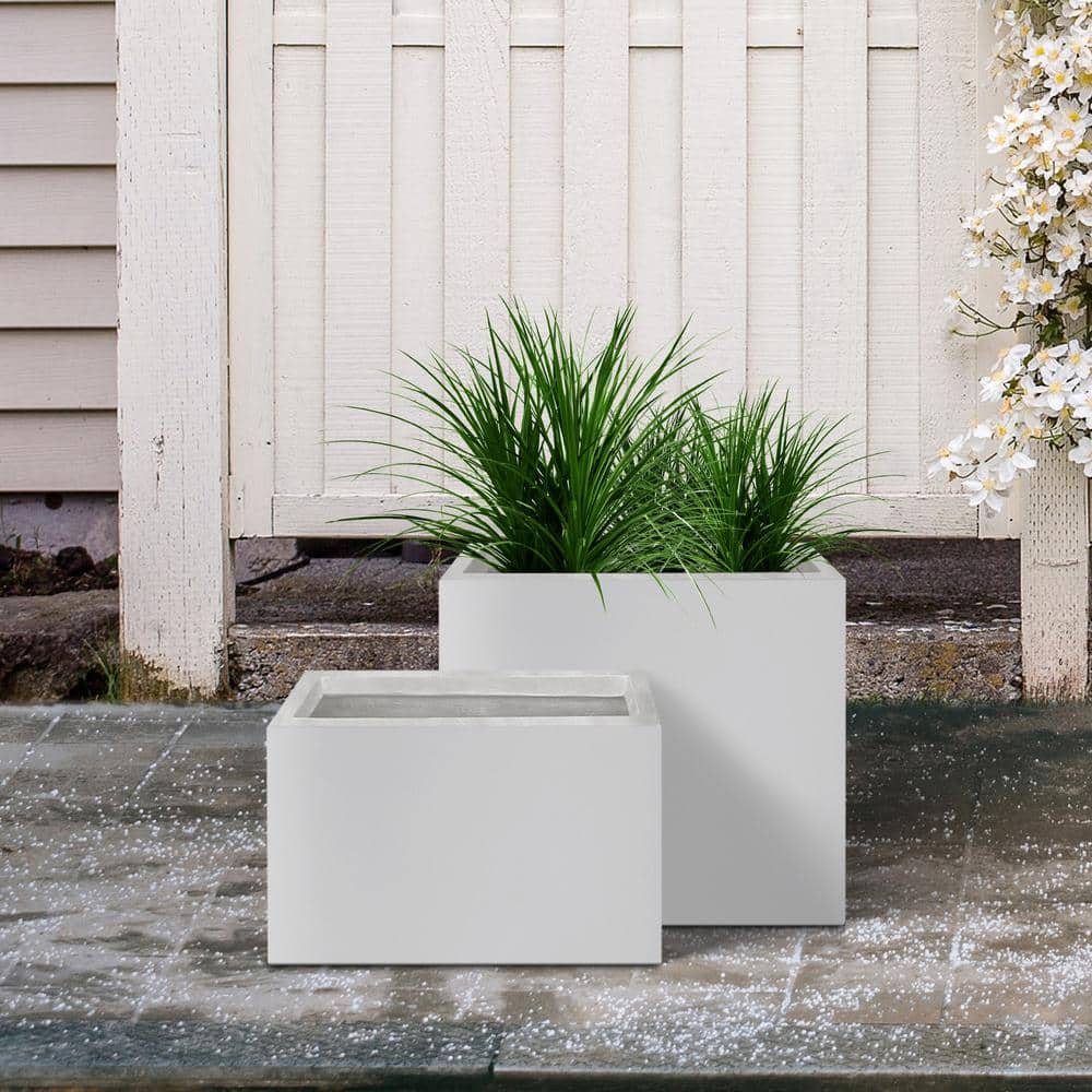 KANTE 24 in. and 20 in. L Rectangular Lightweight Pure White Concrete Metal Planters with Drainage Hole (Set of 2) RF0146SA-C80011