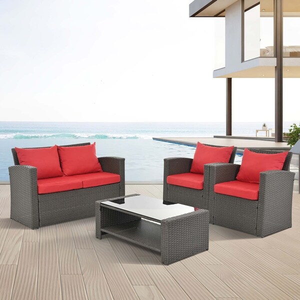 4Piece PE Wicker Patio Conversation Set with Cushions