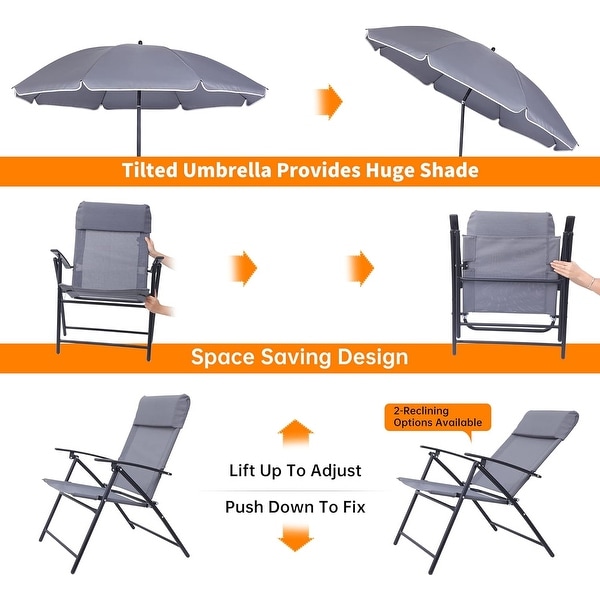 4 Piece Patio Dining Set，Garden Furniture Bistro Set with Tilted Removable Umbrella，2 Folding Chairs，Round Glass Table (Grey)