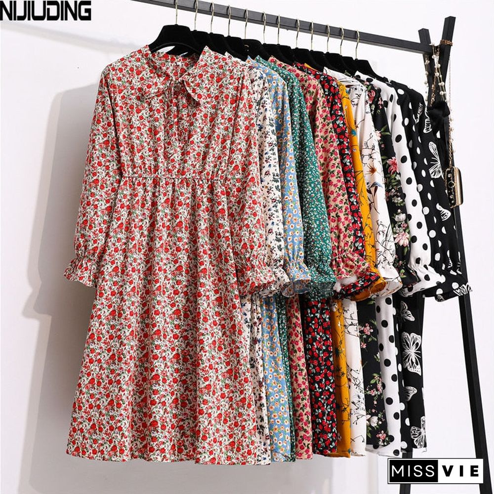 NIJIUDING Women's Chiffon Dress Female Vintage Floral Printed Long Sleeve Bow Midi Dresses Spring Autumn Flare Sleeve Vestidos