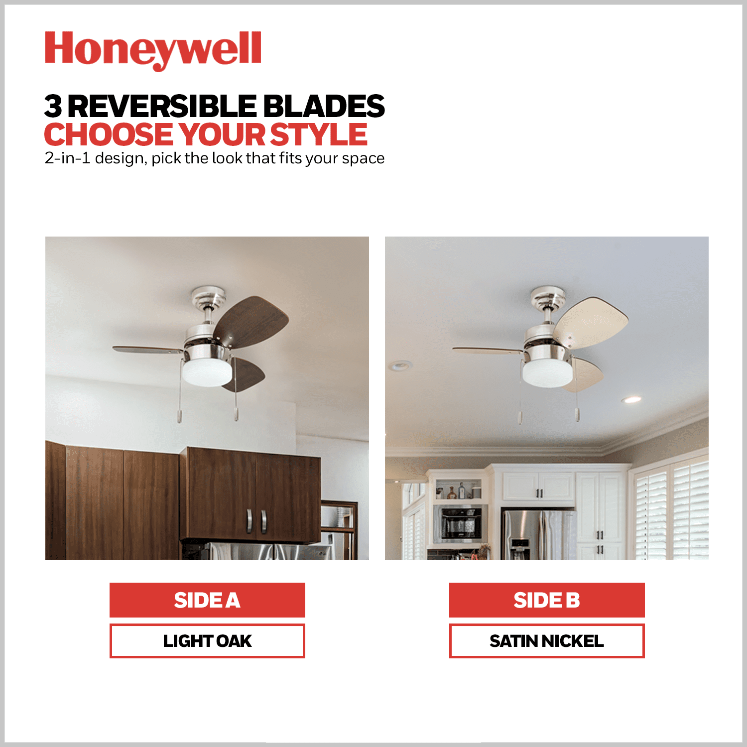 Honeywell Ocean Breeze 30-InchBrushed Nickel Small 3 Blade LED Ceiling Fan with Light