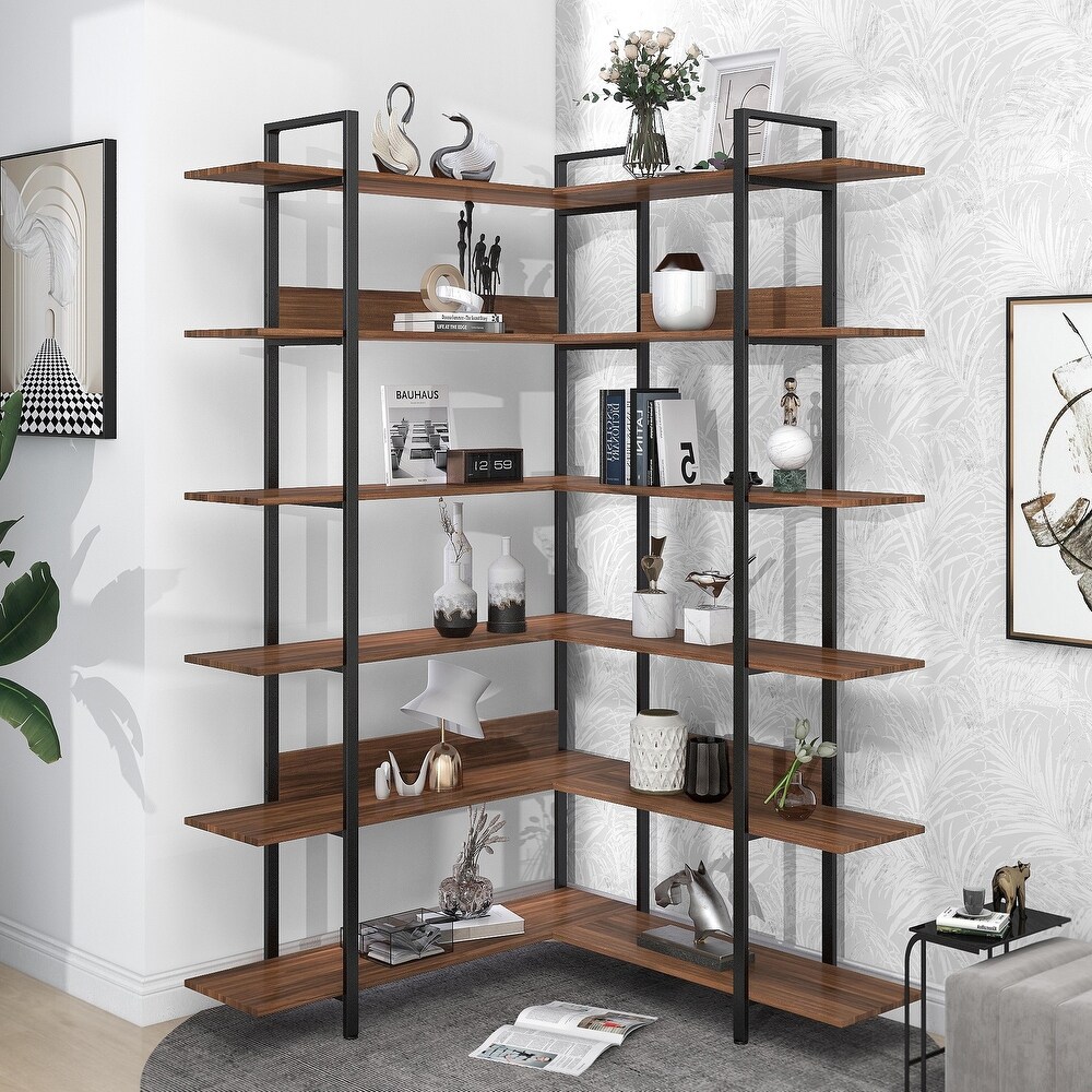 74.8 Inch Bookshelf L shape Stainless Steel Frame Corner 6 tier Shelves Adjustable Foot Pads